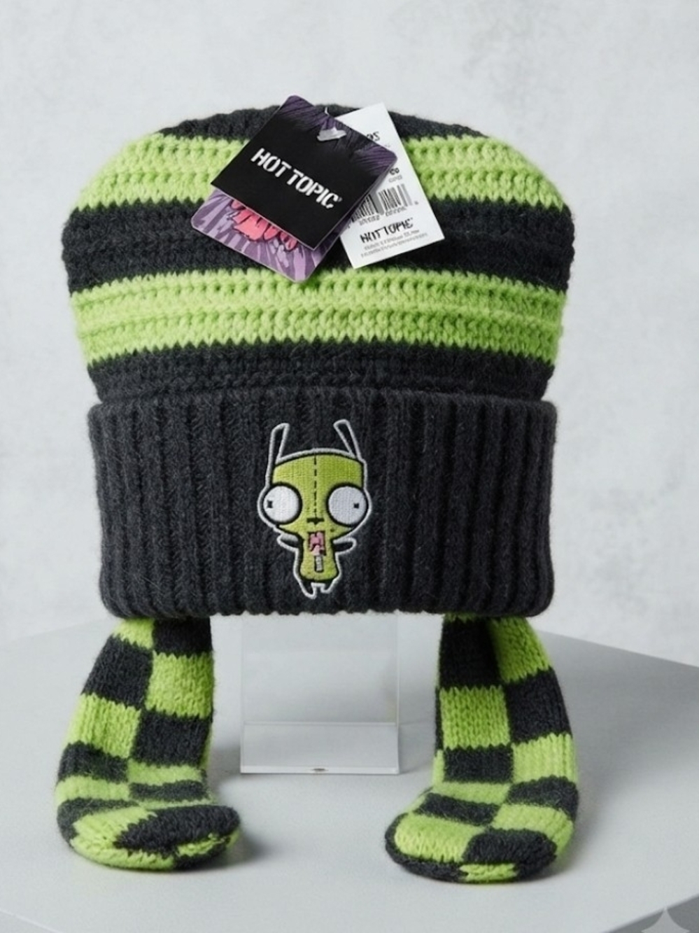 Hot Topic Green & Black Gir Earflap Knit Beanie